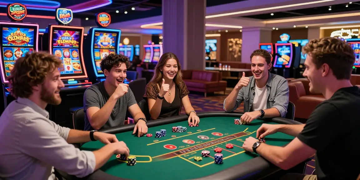 Exciting gaming atmosphere at trusted credit card casinos featuring players engaged around a blackjack table and slot games.