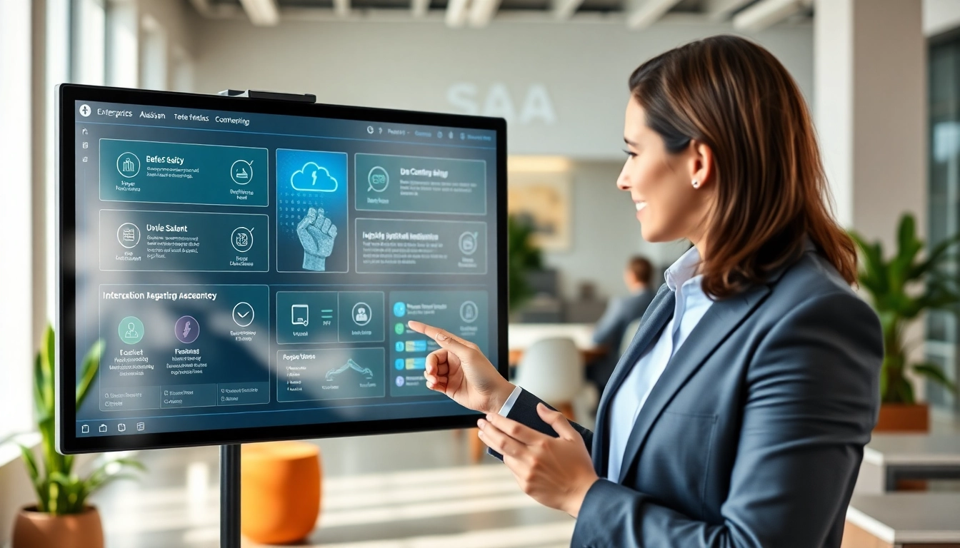 Engaging interface of enterprise assistant saas displayed by a professional in a modern office.