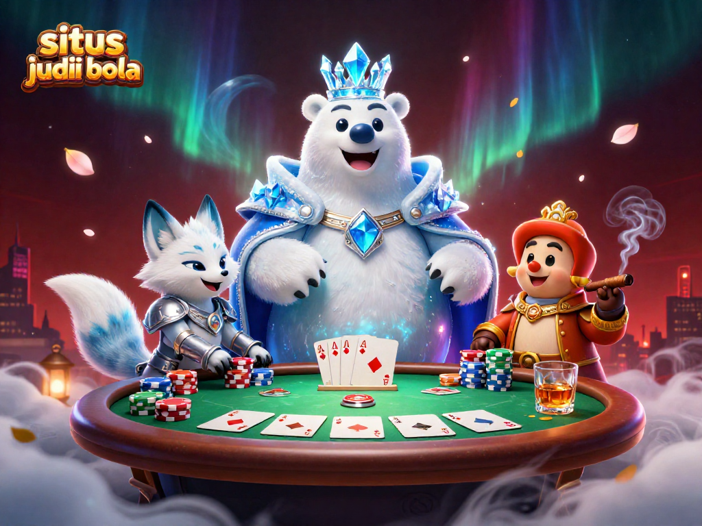 Engage in situs judi bola with dynamic energy showcasing a polar bear and a fox amidst vibrant casino elements.