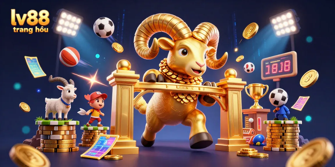 Experience the excitement of lv88 trang chủ with a dynamic 3D illustration of a golden ram and sports elements.