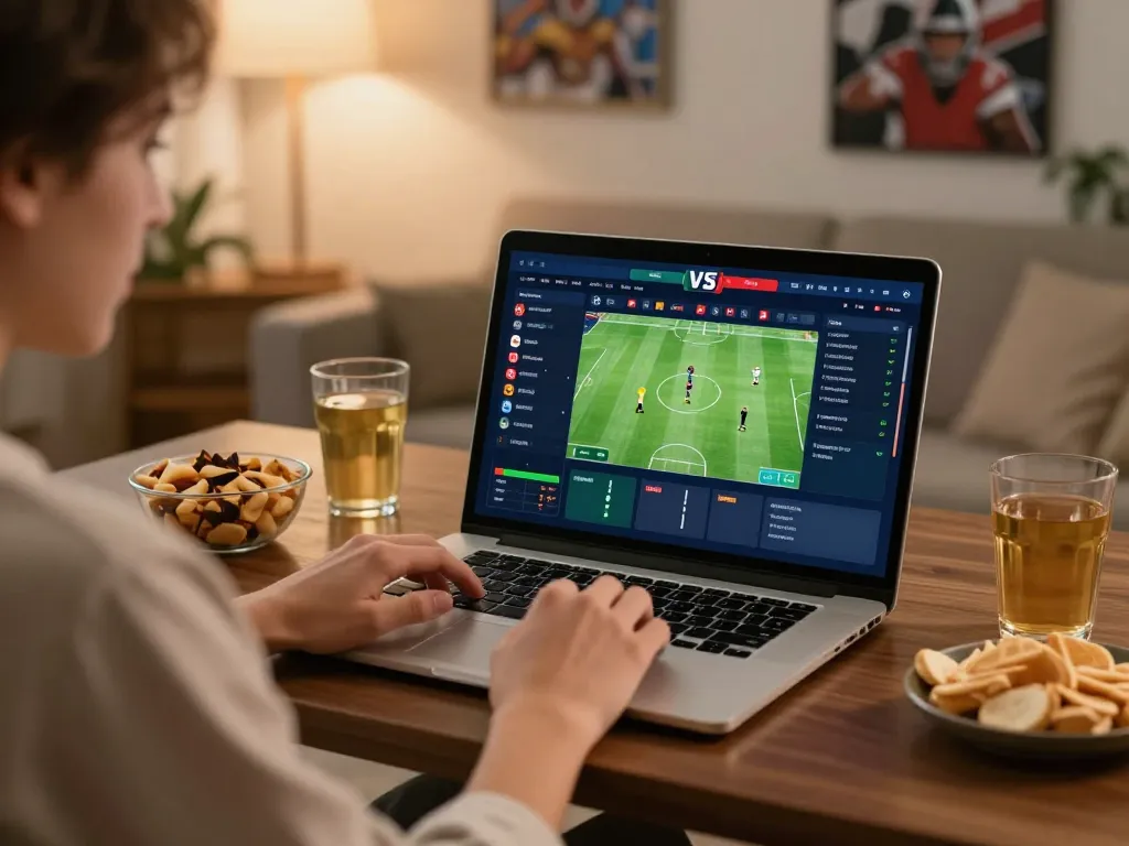 Bet on sports using 58win in an engaging home setup with laptop and snacks