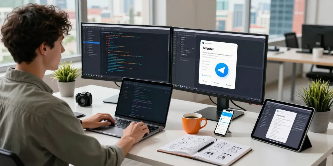 Developer working on Telegram中文 app interface in a modern workspace with dual monitors and coffee