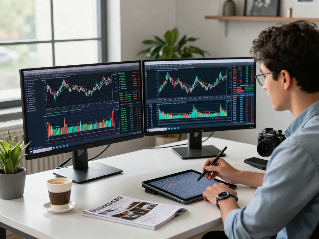 TradingView analysis at a trader's modern workspace with multiple monitors and charts, showcasing an engaged trader.