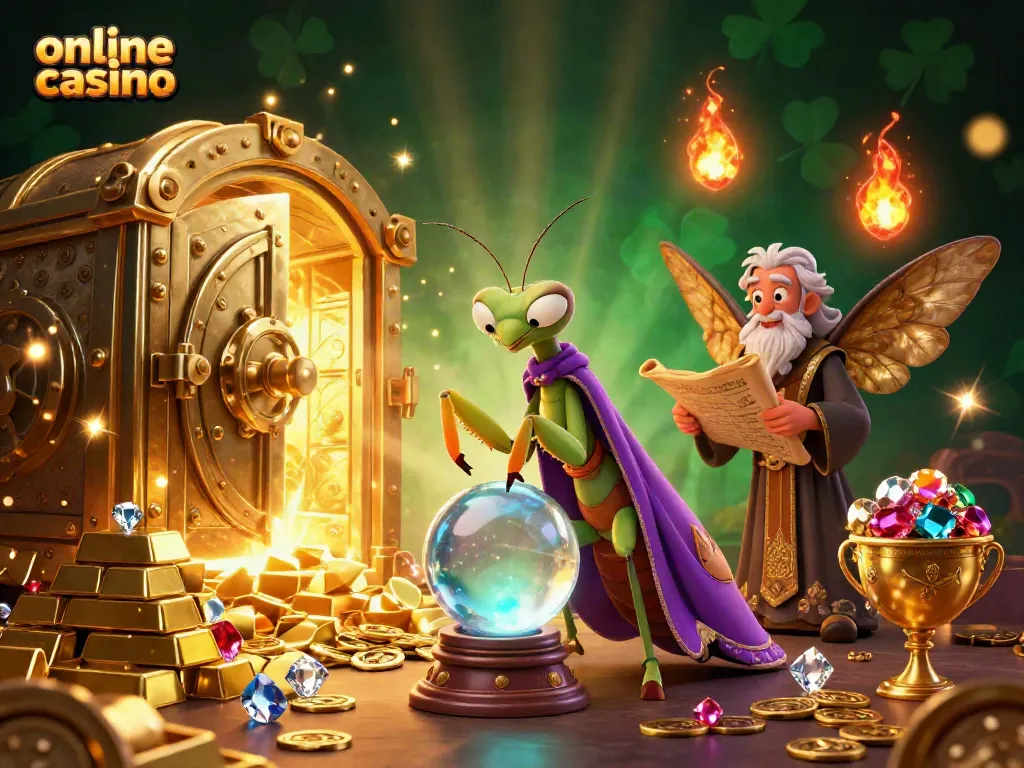 Engage in an online casino adventure with mystical characters and treasures in a magical scene.