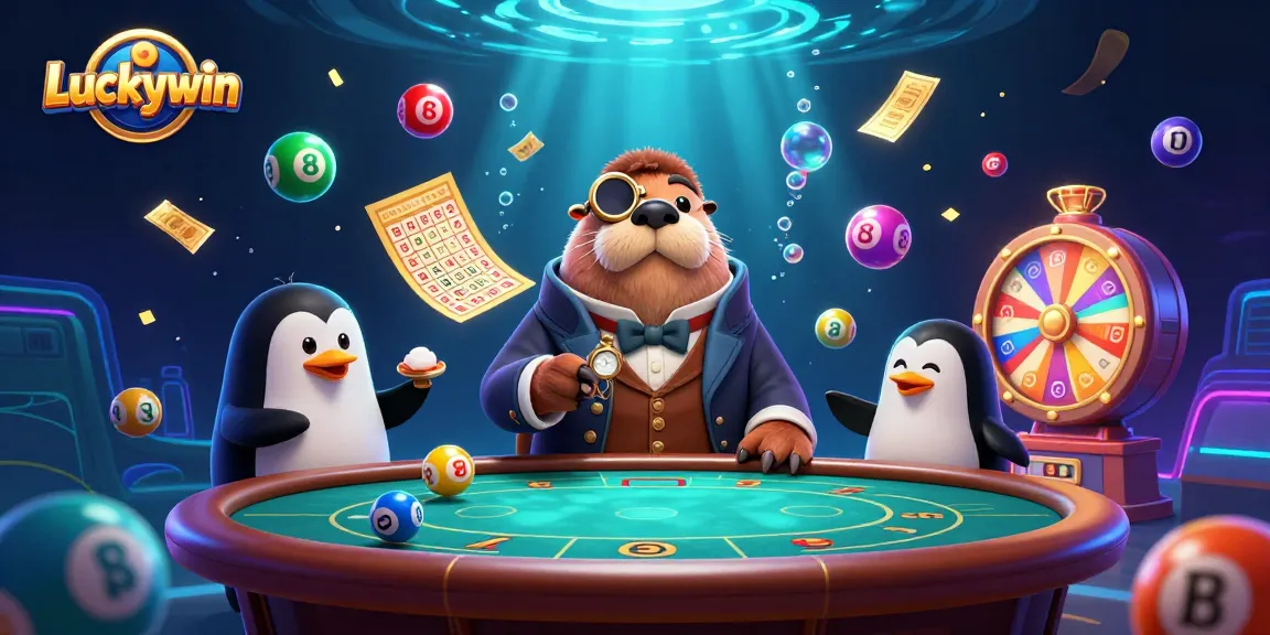 Luckywin illustration of a jolly walrus at a vibrant underwater poker table with game elements.