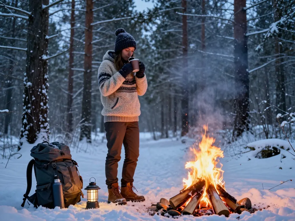 Cozy person wearing a Premium Heavyweight Pullover Fleece, enjoying a campfire in a snowy forest scene.