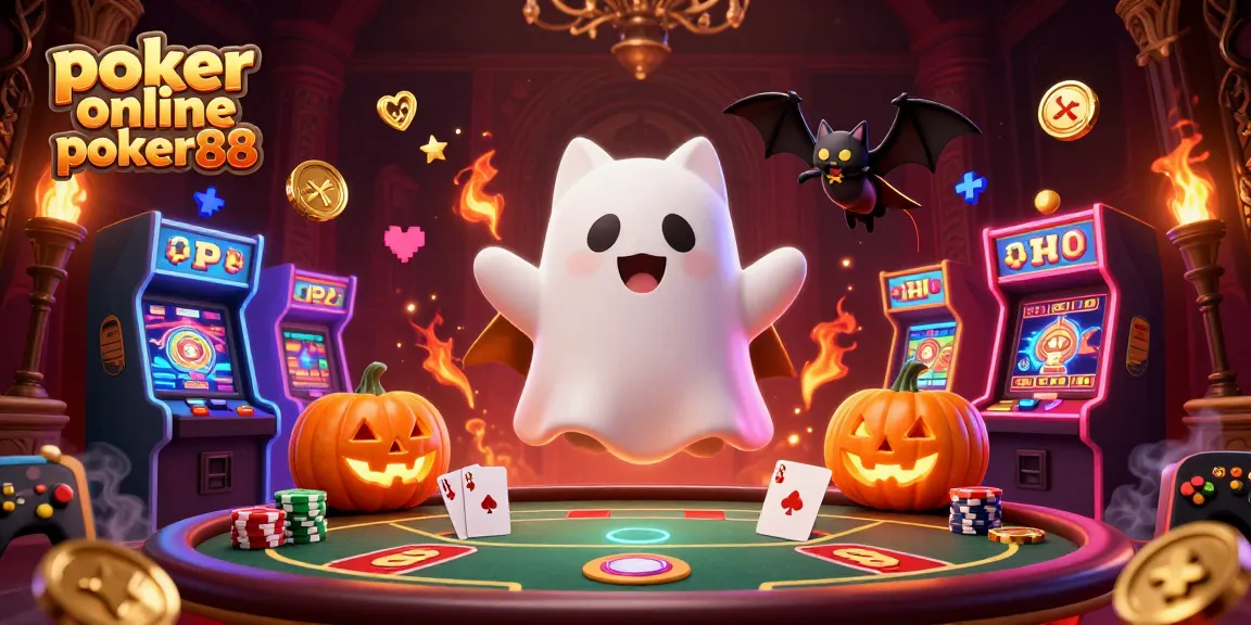 Engage in poker online poker88 surrounded by vibrant casino elements and playful ghostly characters.