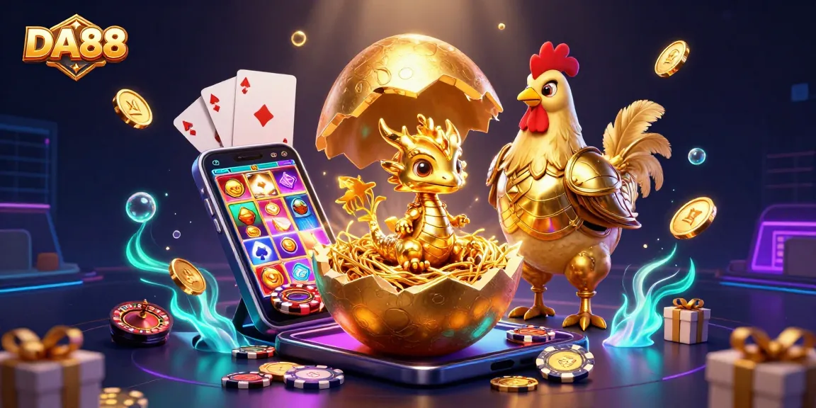 DA88 reveals a golden baby dragon on poker chips amidst dynamic casino elements.