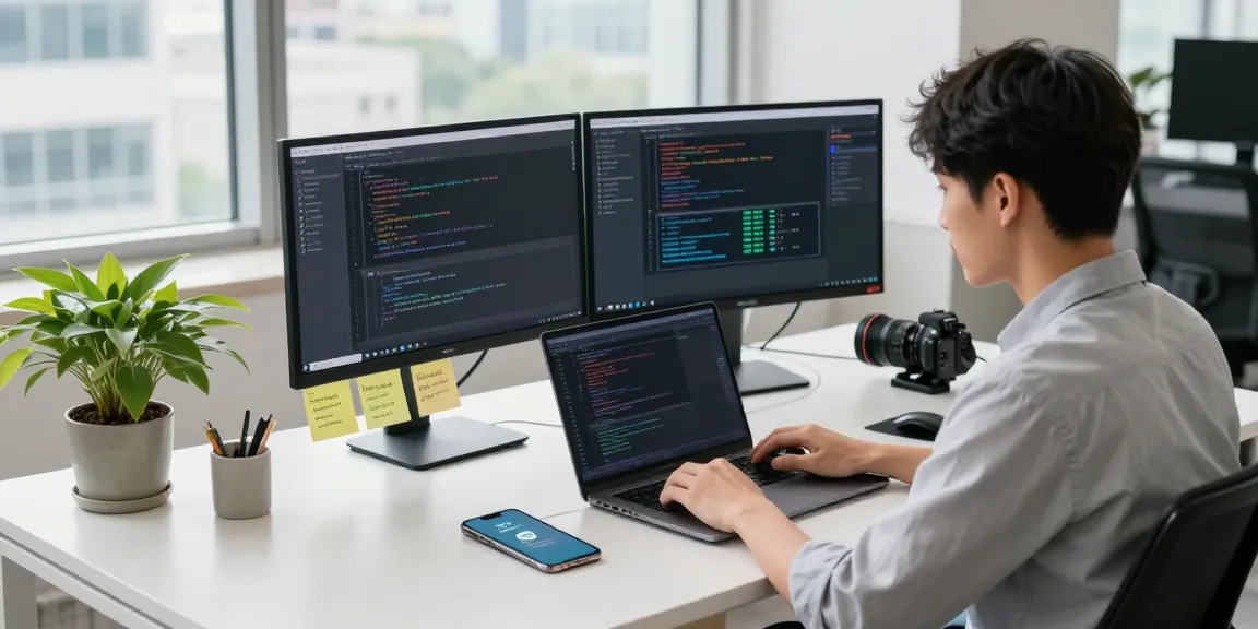 Engaged developer coding Telegram中文 interface designs in a modern office