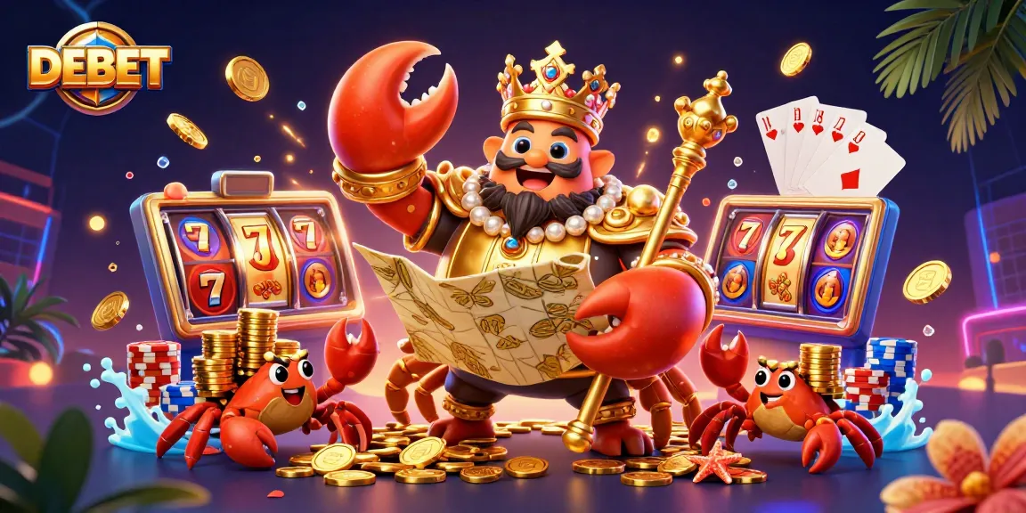 Spin the reels and win with DEBET's vibrant casino adventures featuring a golden crab emperor.