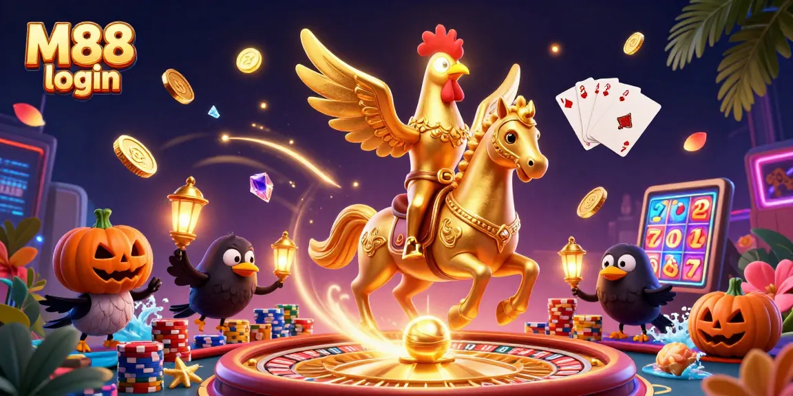 Engage in M88 login for thrilling casino adventures with golden rooster and casino elements.