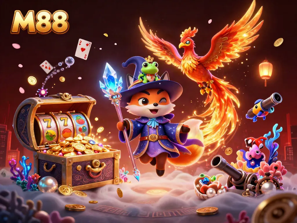 M88 brings luck as a wizard fox and phoenix illuminate a vibrant casino scene filled with treasures.