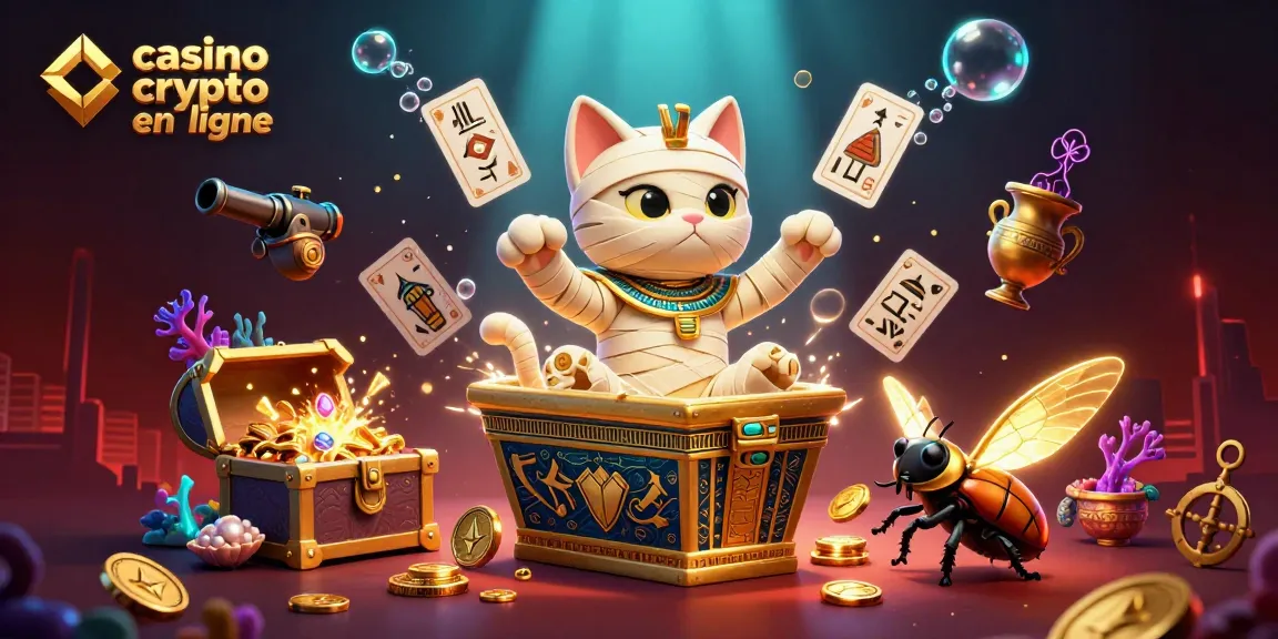 Jouer sur un casino crypto en ligne avec une illustration captivante de personnages animés et de pièces de cryptomonnaies
