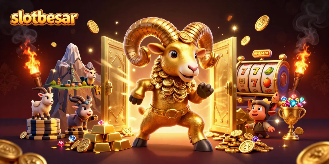 Engage with slotbesar's exciting online slots featuring a golden ram charging toward jackpots and treasures.