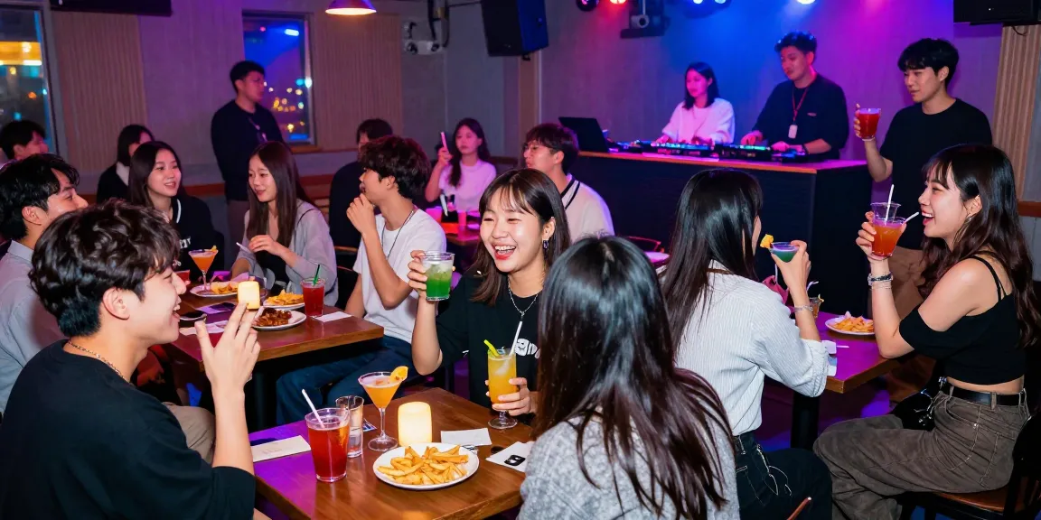 Enjoying vibrant nightlife at 상봉동 한국관나이트 with friends, lively atmosphere filled with laughter and drinks.