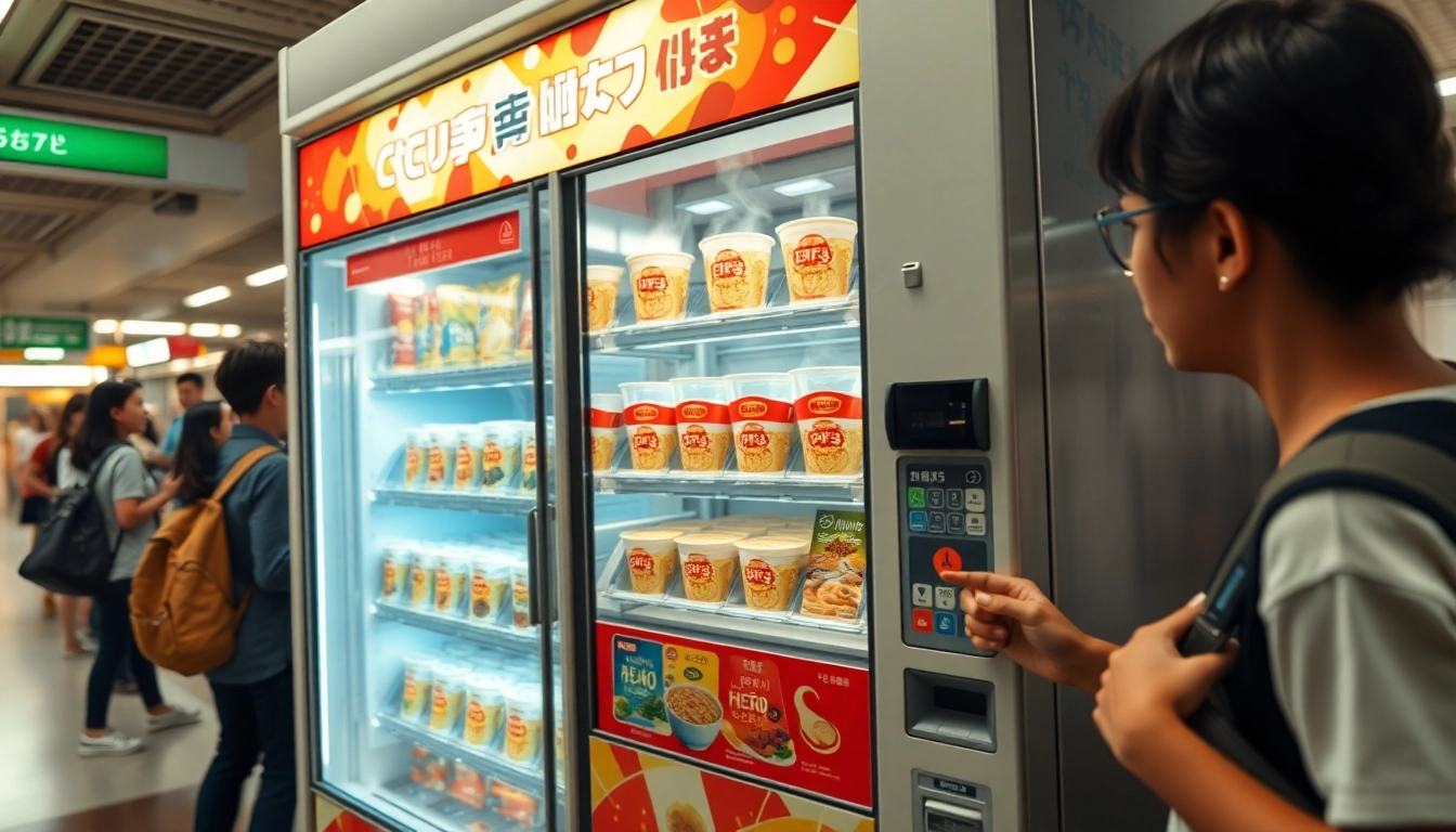 Cup noodle vending machine offering a variety of flavors in a bustling urban environment, showcasing convenience and innovation.