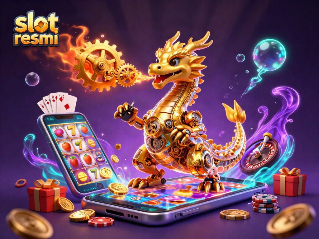 Experience the magic of slot resmi with a golden dragon amidst vibrant gaming elements.
