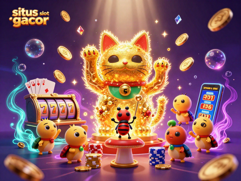 situs slot gacor inspired illustration showcasing energetic gaming elements and a vibrant lucky cat.