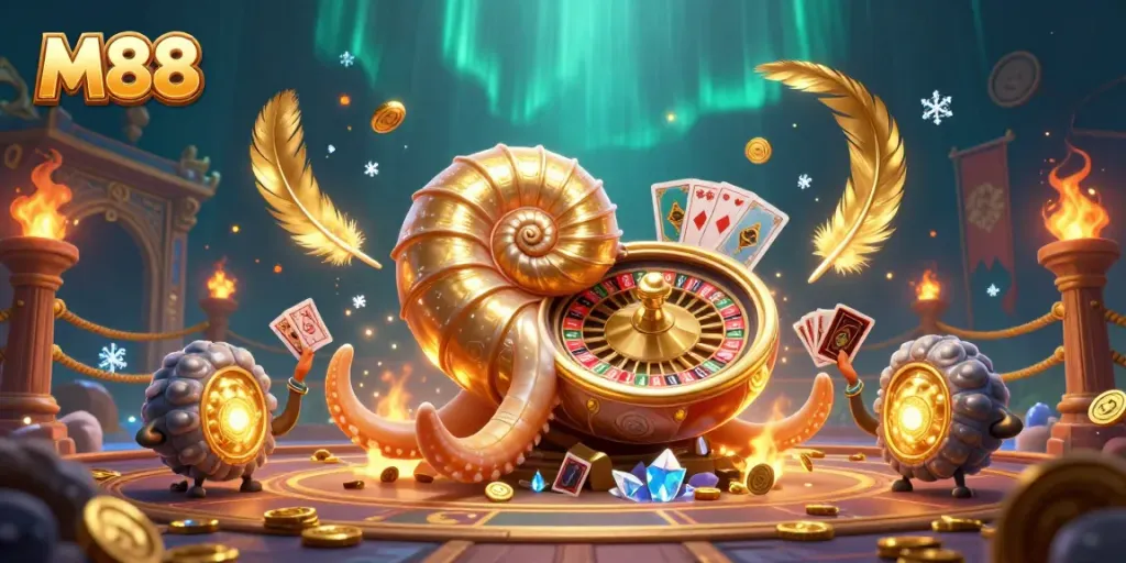 Khám phá thế giới cá cược M88 với hình ảnh nautilus vàng và các thẻ bài đầy màu sắc