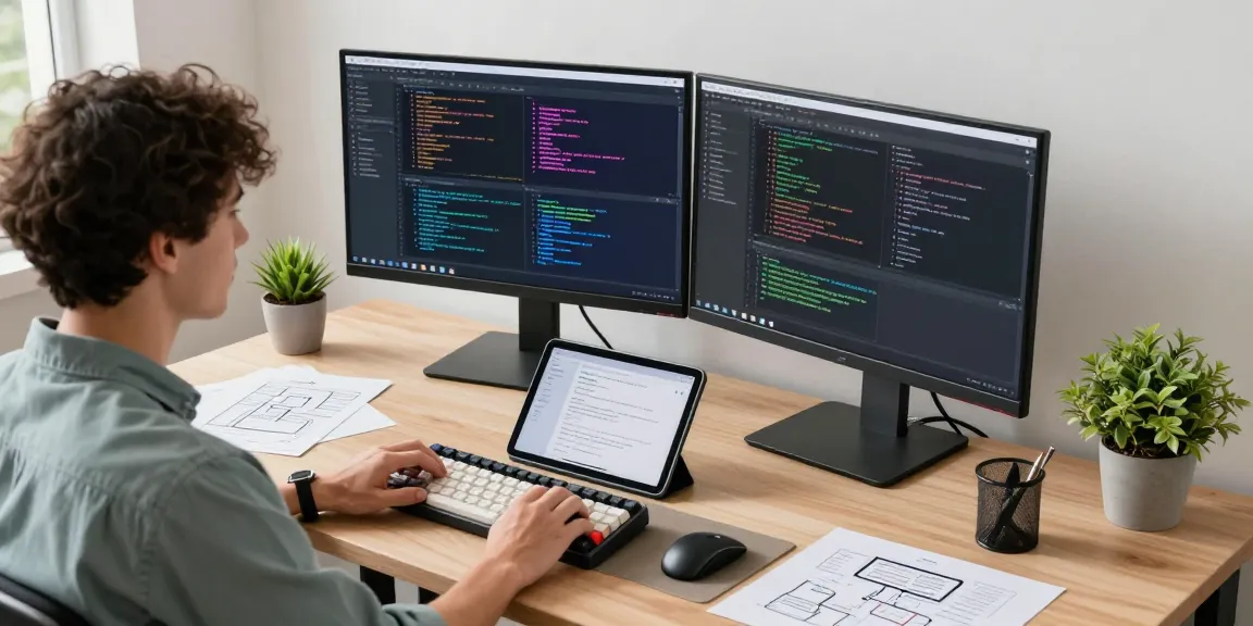 Efficient workspace illustrating 截图工具下载 with developer coding at dual monitors.