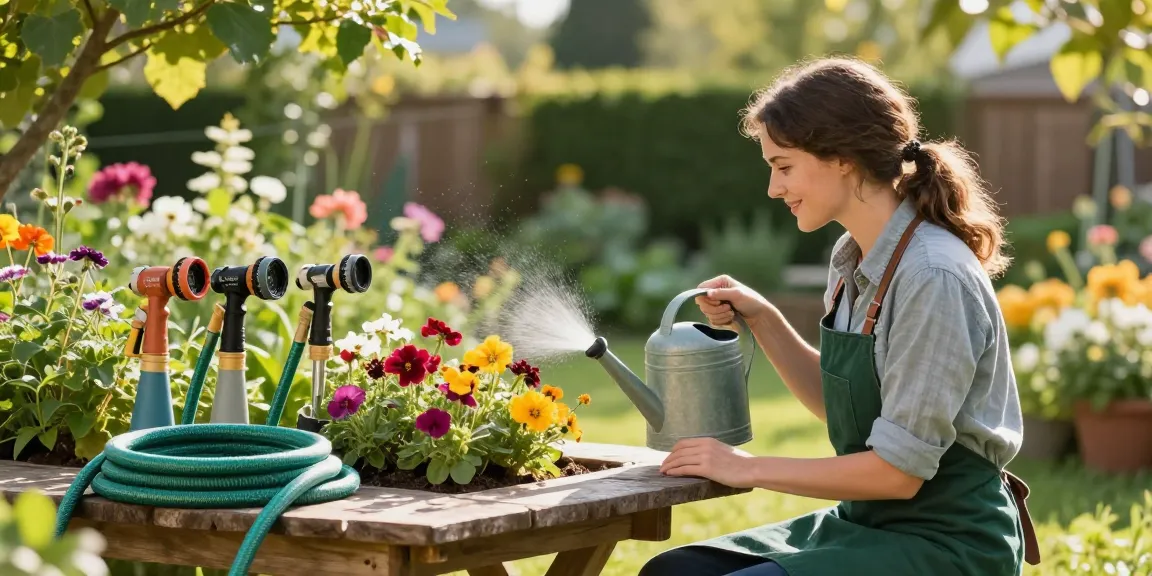 Gardener choosing the best hose nozzle amid vibrant flowers and greenery.