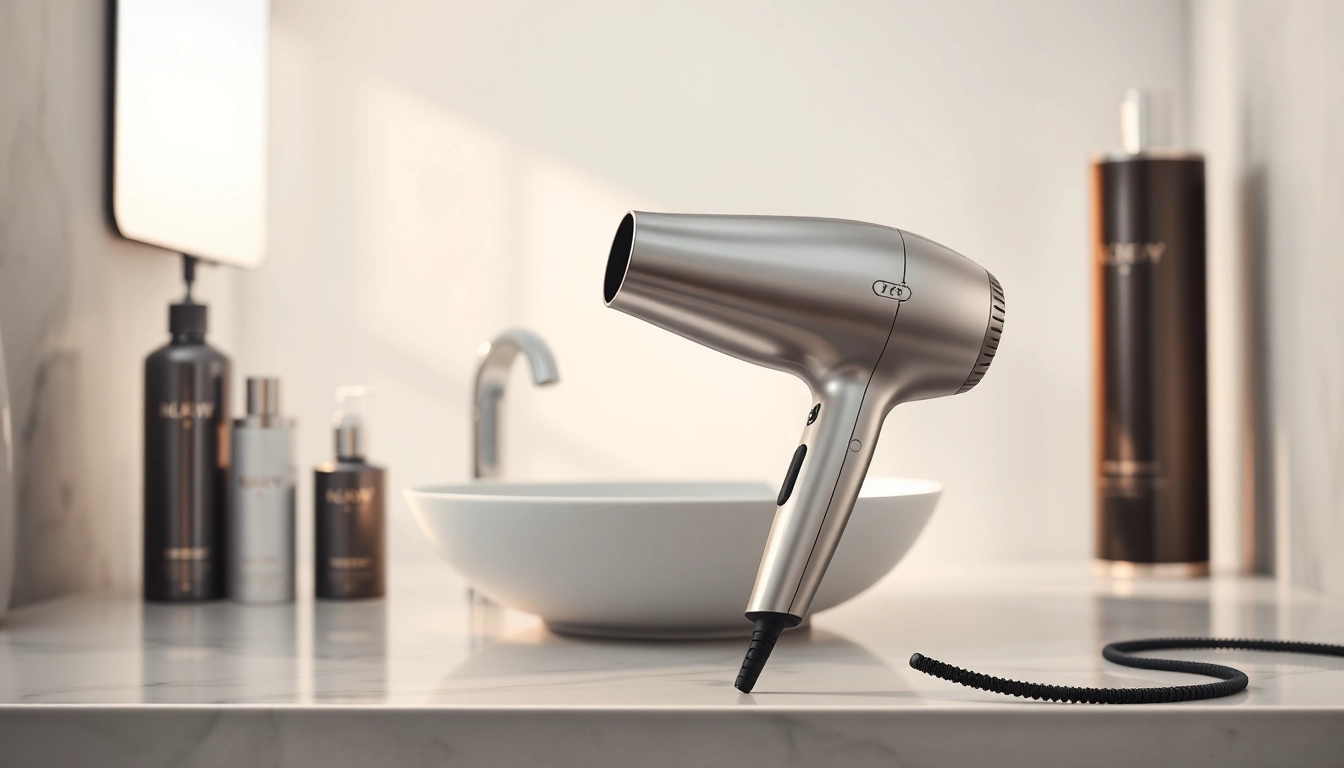 Hair dryer for fine hair showcasing sleek design and elegant presence in a modern bathroom setting.