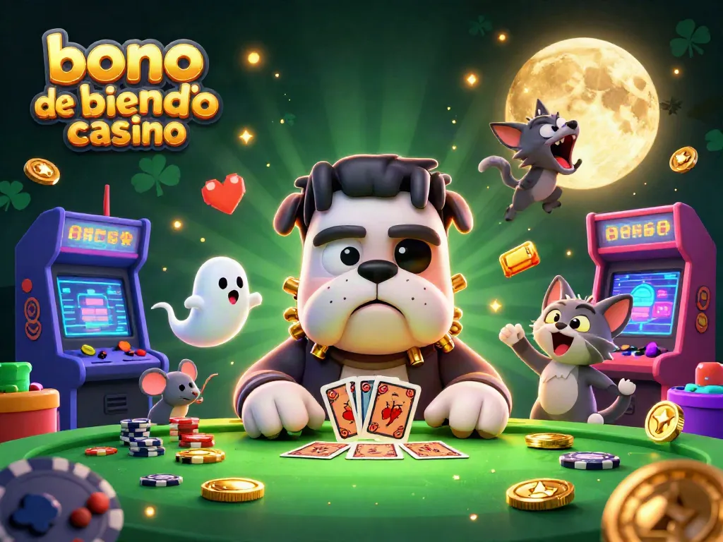 Bono de bienvenida casino: Fantástica ilustración 3D de un bulldog monstruo repartiendo cartas en un ambiente de casino.