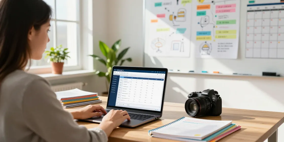 An online teacher planner interface on a laptop in a vibrant classroom, showcasing EMStudio's features for lesson planning and classroom management.