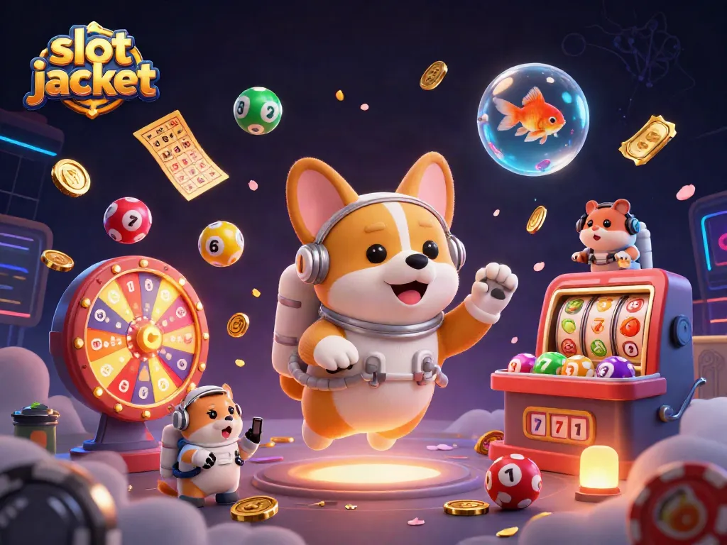 Engage with the thrilling slot jackpot experience through a vibrant scene of a cartoon corgi in a casino.