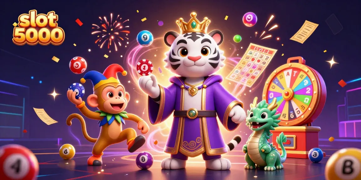 Slot 5000 menampilkan harimau putih 3D dengan monyet emas yang menjunjung chip poker, dalam suasana festival.