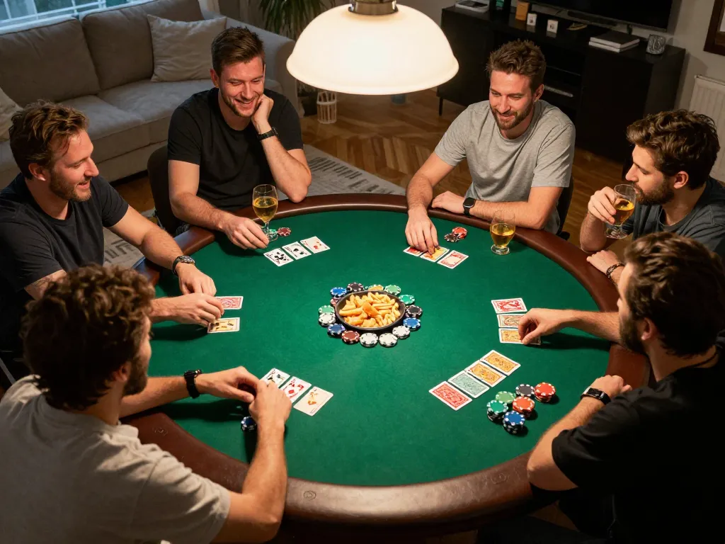 Mega888 download in progress as friends play poker at home, emphasizing social competition and fun