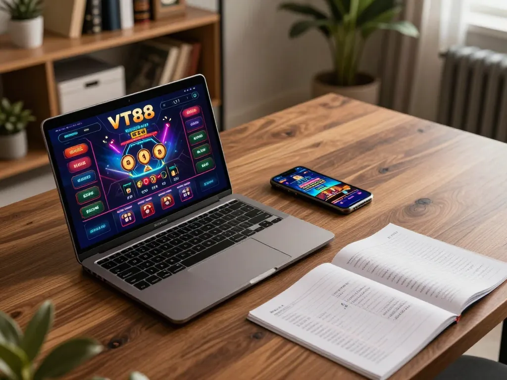 Engaging online casino gaming with vibrant VT88 interface on laptop in modern home.