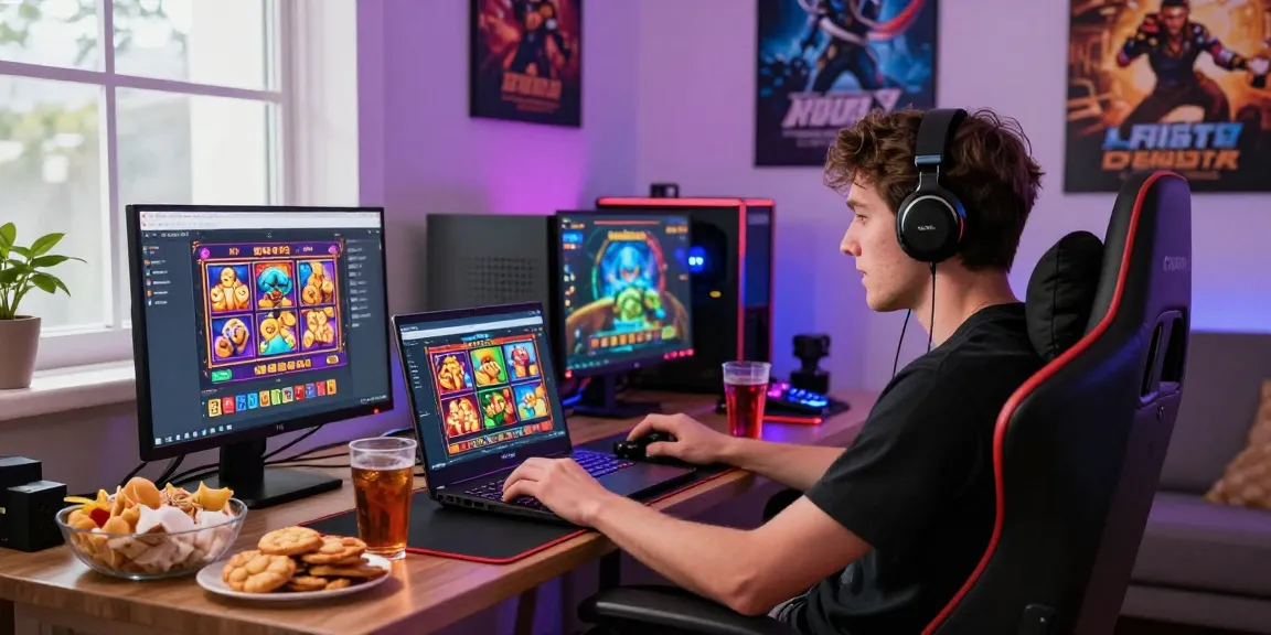 Engaged player in a dynamic online gaming setup, highlighting slot deposit 5k experience with vibrant colors and modern equipment.