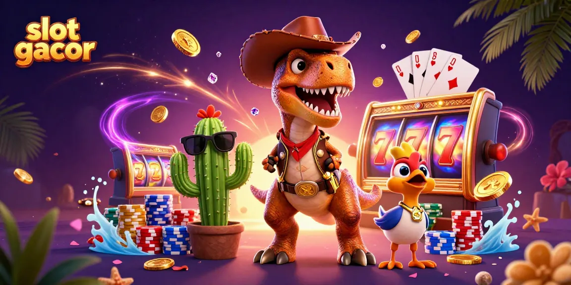 Experience the excitement of slot gacor with a vibrant scene featuring a playful dinosaur and casino elements.