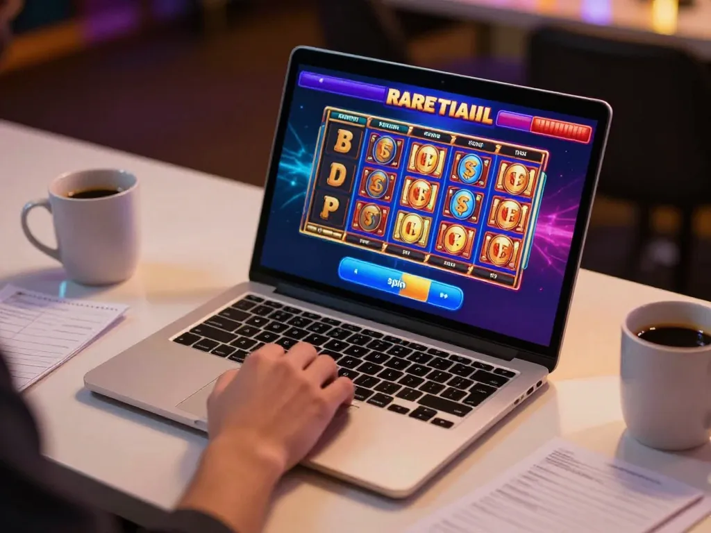 Engaging in situs gacor slot gameplay with laptop showcasing vibrant gaming interface and warm ambiance.