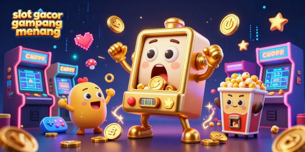 Slot gacor gampang menang merayakan jackpot dengan mesin slot kartun dan koin emas yang mengalir.