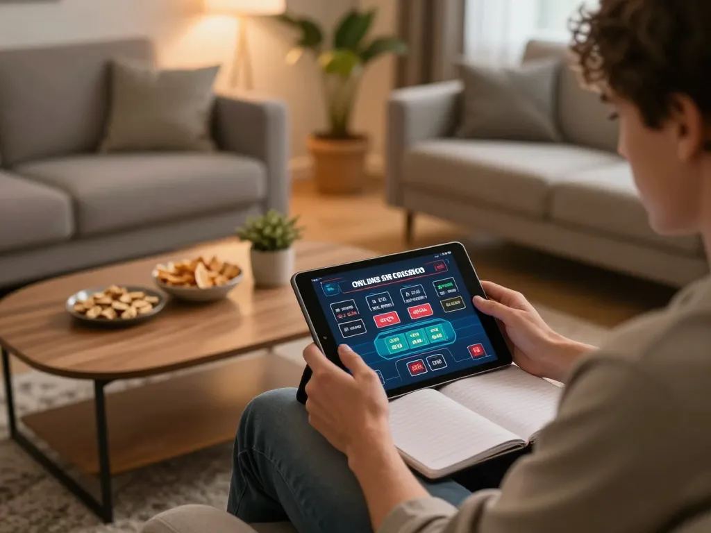 Player using tablet for casino online senza registrazione in a cozy living room setting