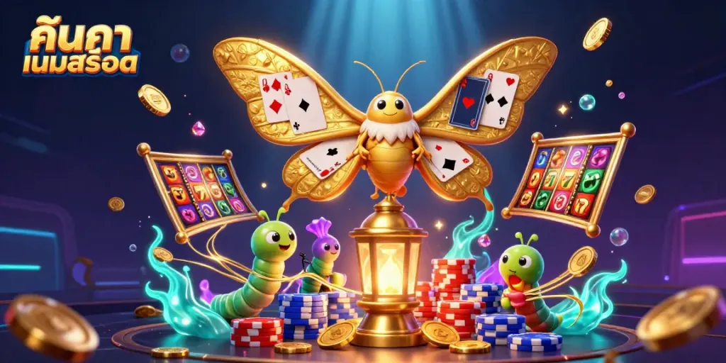 Engage in ค้นหาเกมสล็อต with a vibrant 3D illustration showcasing golden slot machines, coins, and a majestic atlas moth.