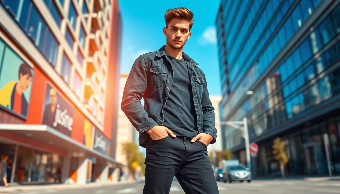 Young man in stylish black jeans men confidently posing on a vibrant city street.
