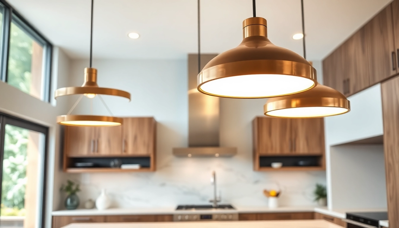 Showcase of island light fixtures illuminating a modern kitchen with warm ambiance.