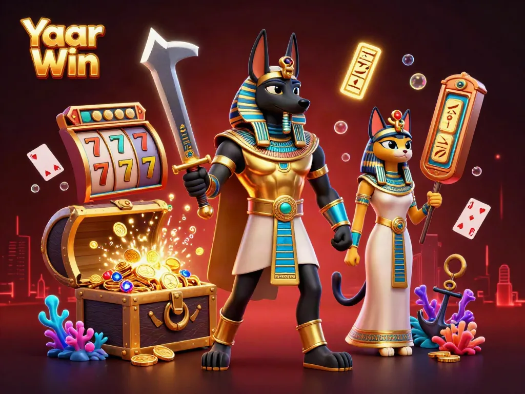 Play exciting Yaar Win games with a golden Anubis warrior and Bastet beside vibrant casino elements.