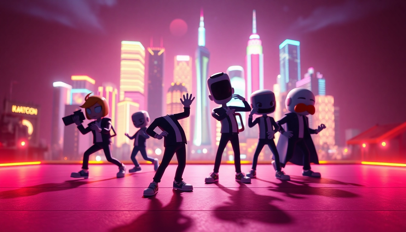 3D Animation of dynamic characters in a vibrant digital landscape demonstrating movement and design features.