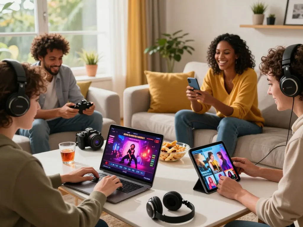 Enjoy immersive sex games online in a cozy living room with friends engaged on various devices.