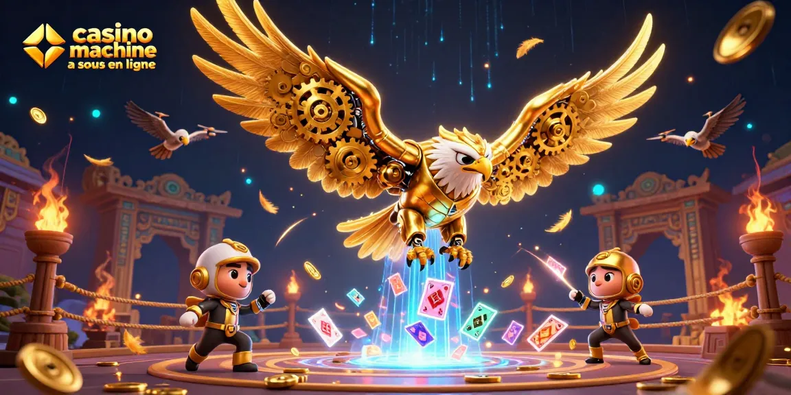 Profitez des machines à sous en ligne avec un aigle cybernétique dans une scène de casino dynamique