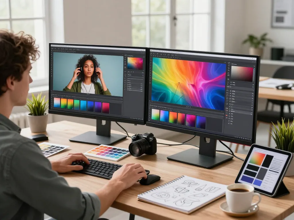Digital artist using nano banana 2 AI editor in modern workspace filled with design tools and vibrant visuals.