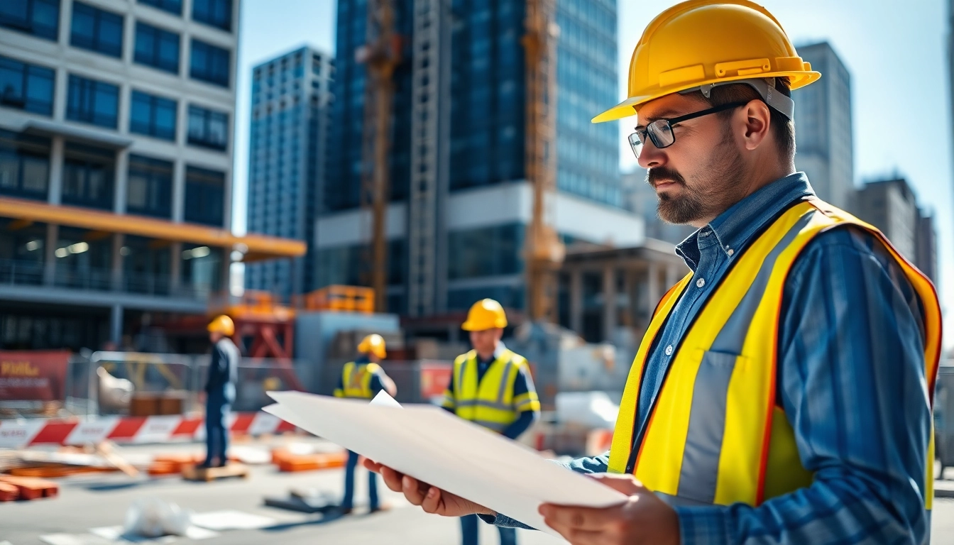 Manhattan Commercial General Contractor reviewing blueprints at a bustling construction site in NYC.