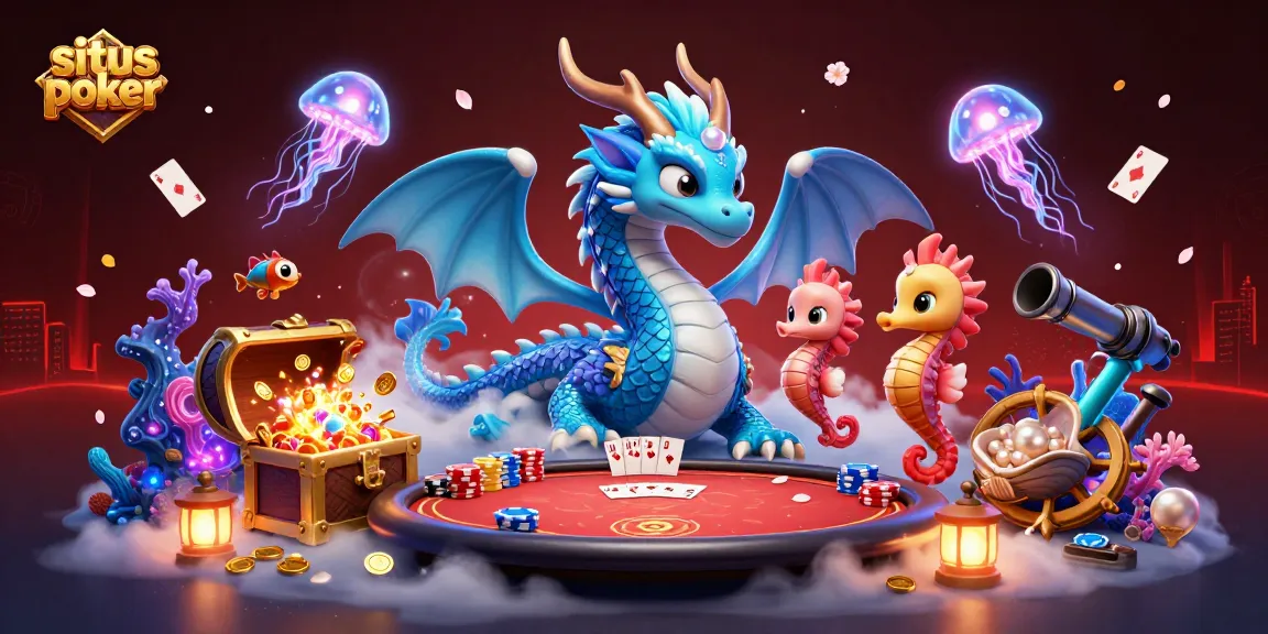 Win at situs poker with vibrant gaming elements and dynamic characters in underwater scene.