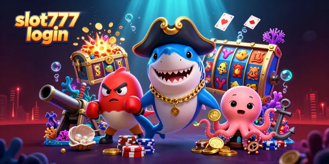 Spin to win with slot777 login as a cartoon pirate shark explores vibrant slot reels and treasure!