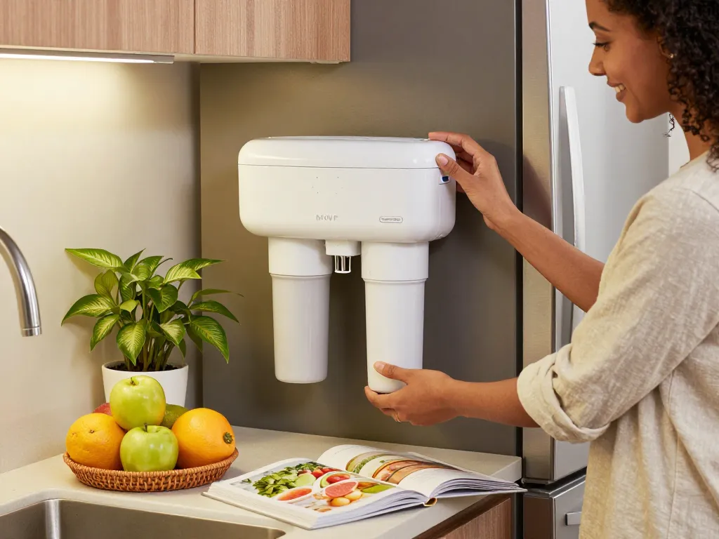 AQUA CREST AQF-FF13 Replacement for GE® SmartWater® MWF® being installed in a modern kitchen, showcasing home water filtration.