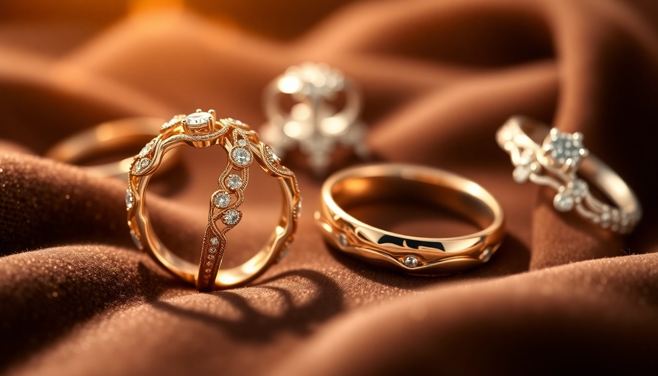 Discover exquisite wedding bands featuring intricate designs and sparkling gemstones on velvet backdrop.